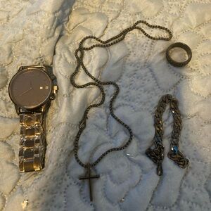 4Pc Fashion Black Quartz Watch Necklace Bracelet Ring Set For Men New